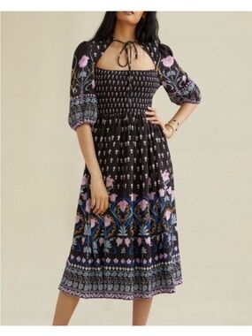 Anthropologie Black Midi Dress Border Print Smocked Bodice READ